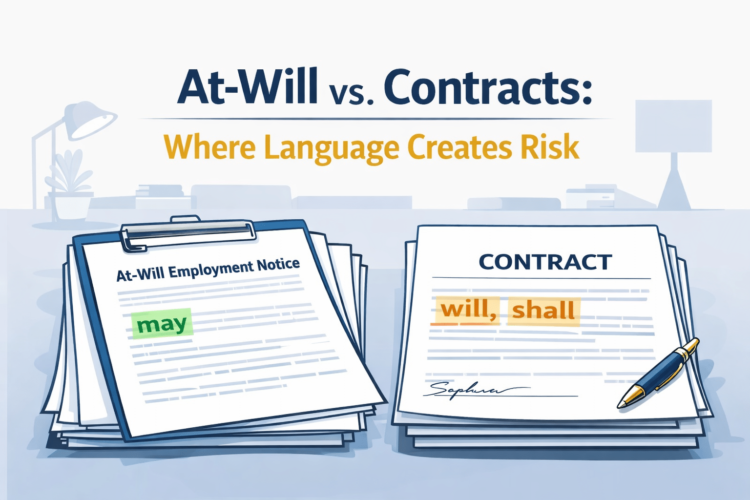At-will employment vs. contracts illustration showing two documents with “may” on the at-will side and “will, shall” on the contract side.
