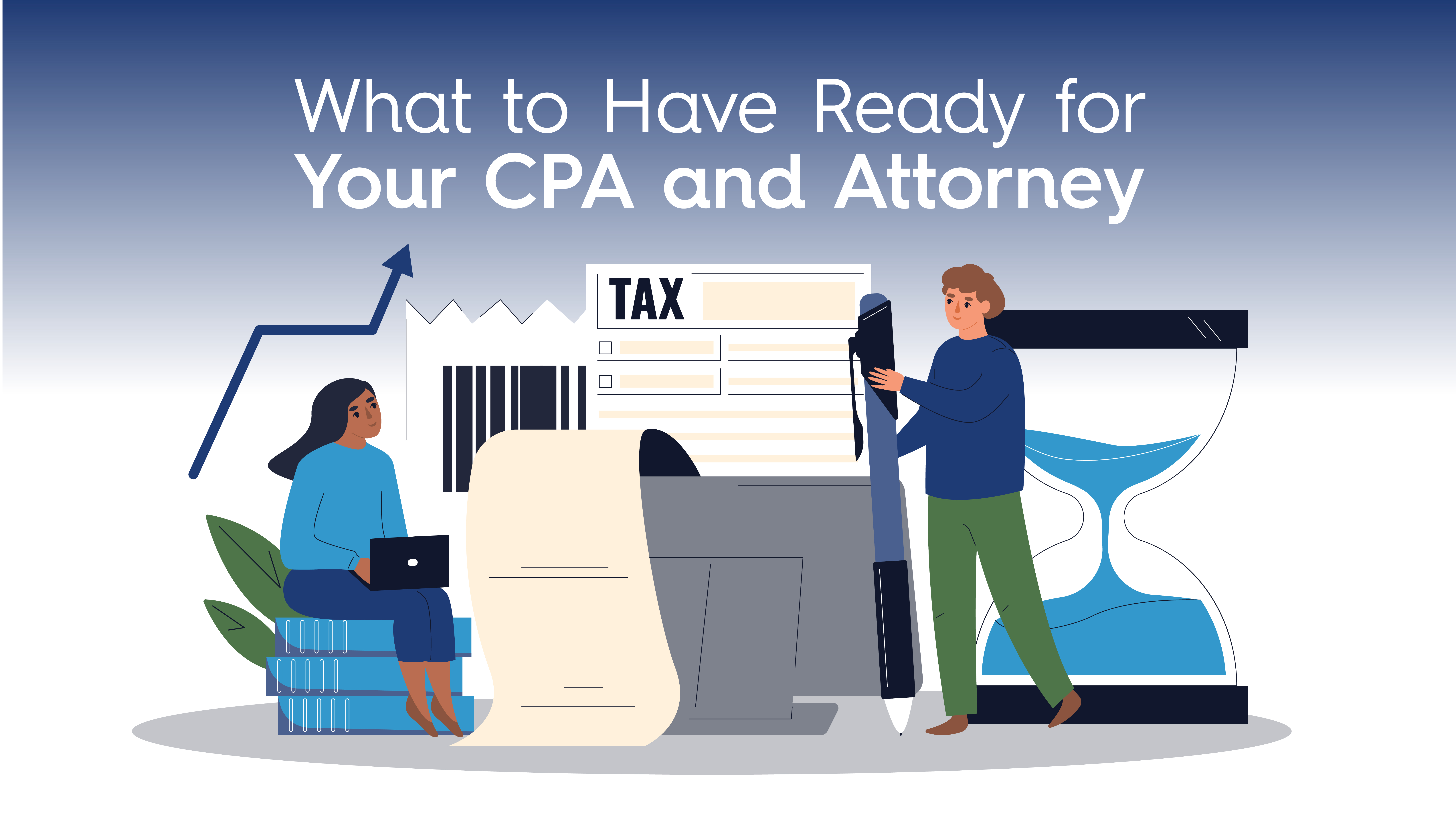 Illustration of business owners preparing tax documents, contracts, and financial records for filing season with a CPA and attorney.