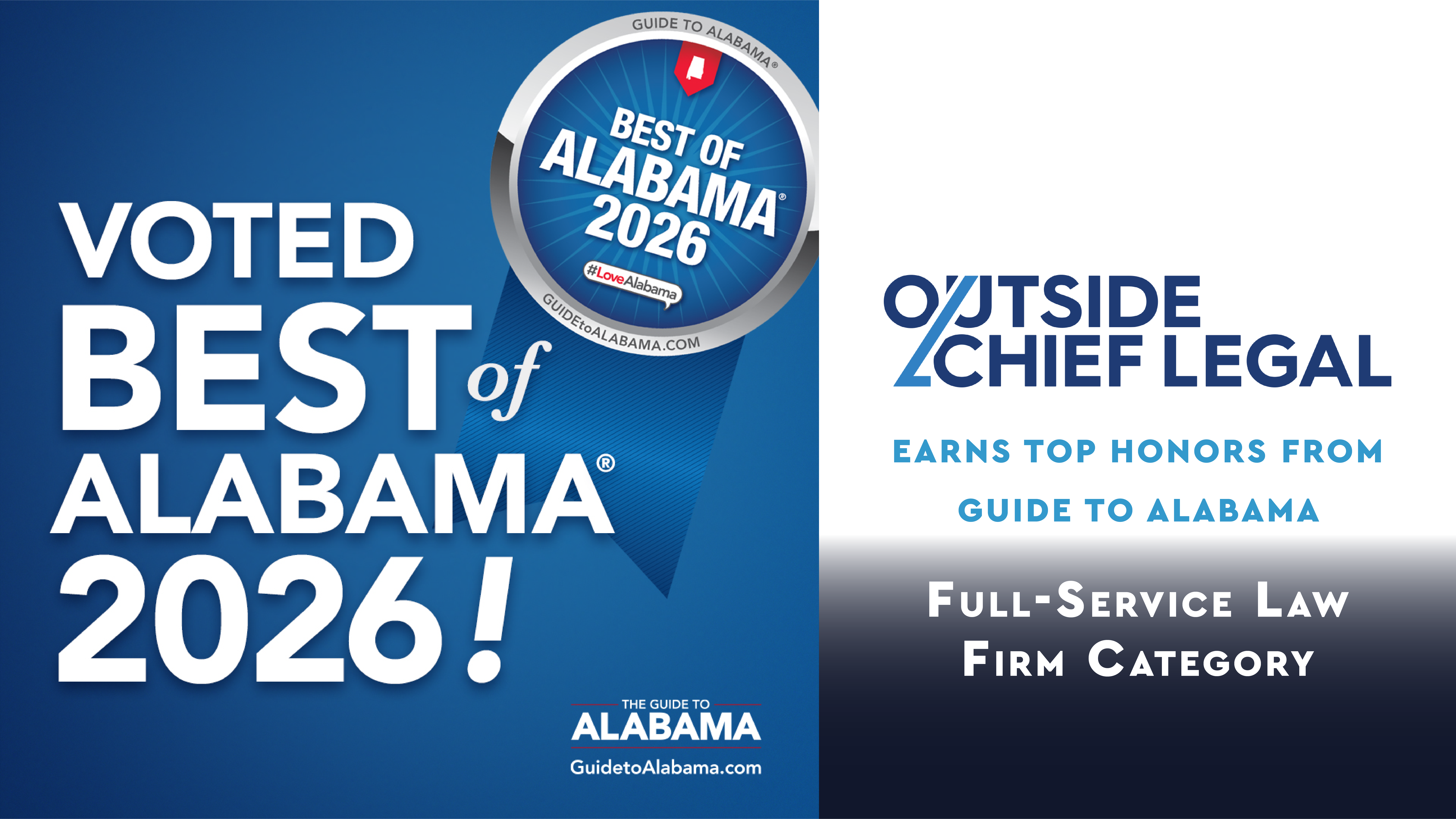 Outside Chief Legal named 2026 Best of Alabama winner in the Full-Service Law Firm category by Guide to Alabama