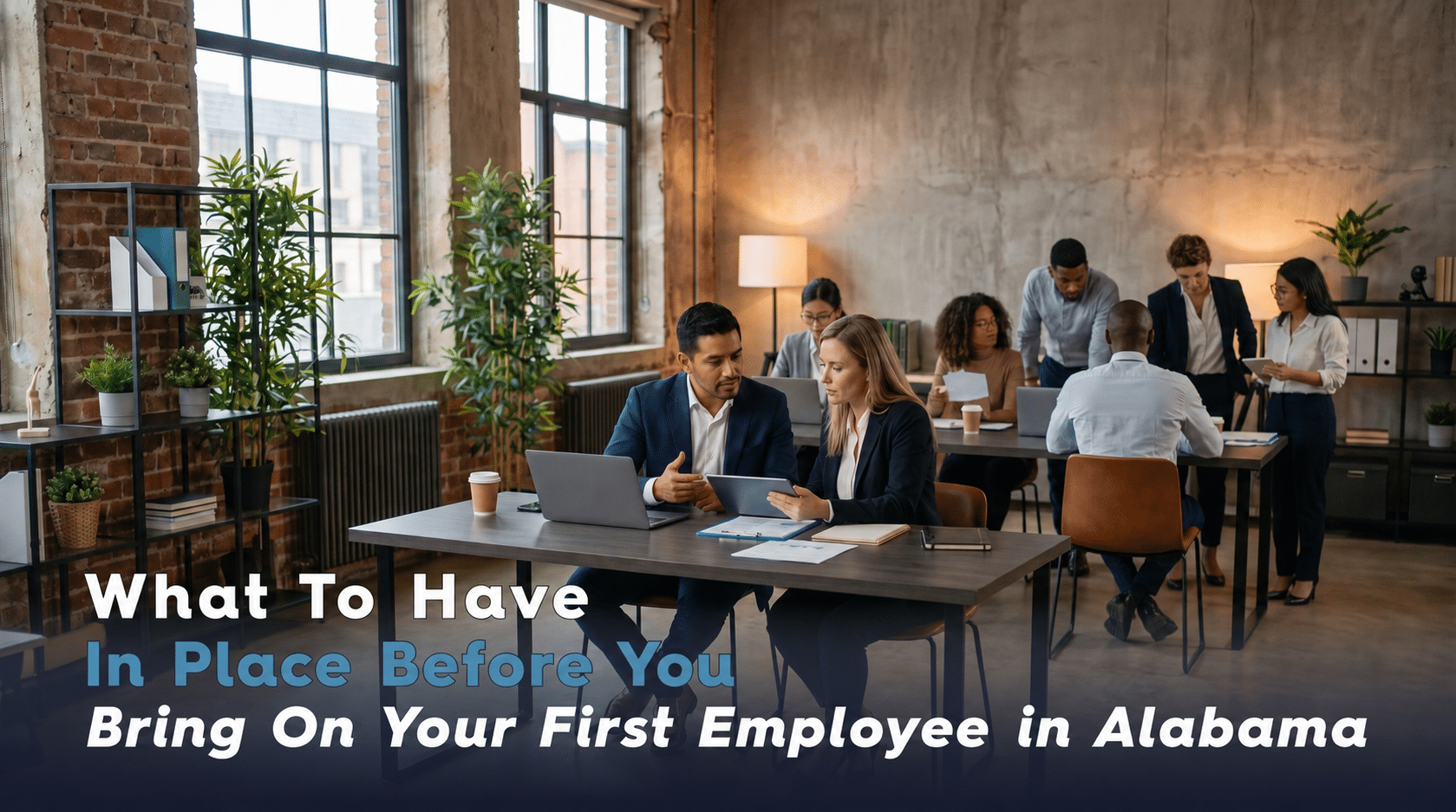 Modern office team collaborating before hiring a first employee in Alabama