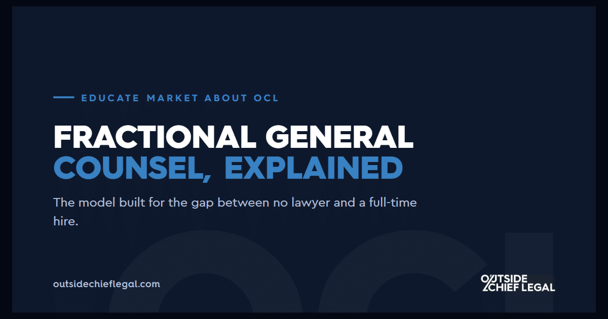 Dark navy graphic with bold white and blue text reading "Fractional General Counsel, Explained" and the Outside Chief Legal logo