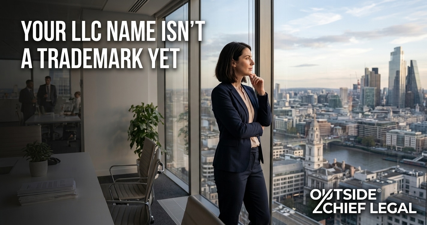 A business owner looks out over a city skyline while weighing trademark Alabama small business protection options.