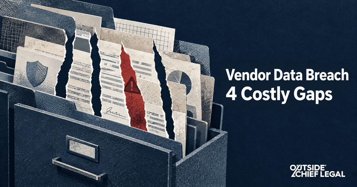 A business owner reviewing vendor contract files during a vendor data breach compliance check.