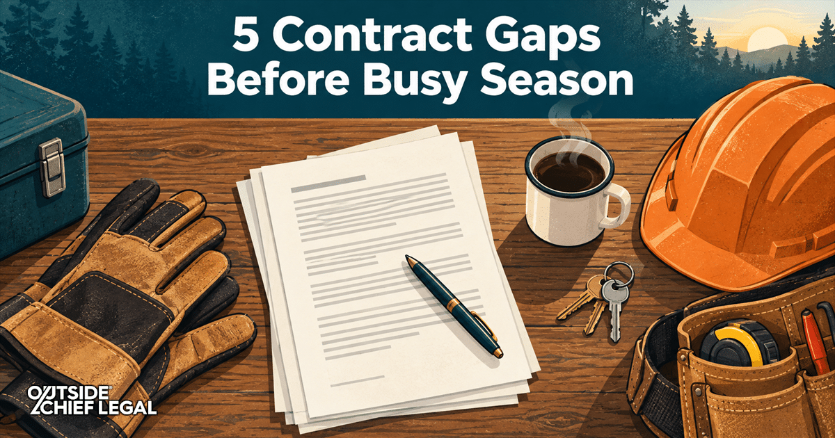 An illustrated flat lay of service business contracts alongside work gloves and a hard hat, prepared before a busy season.