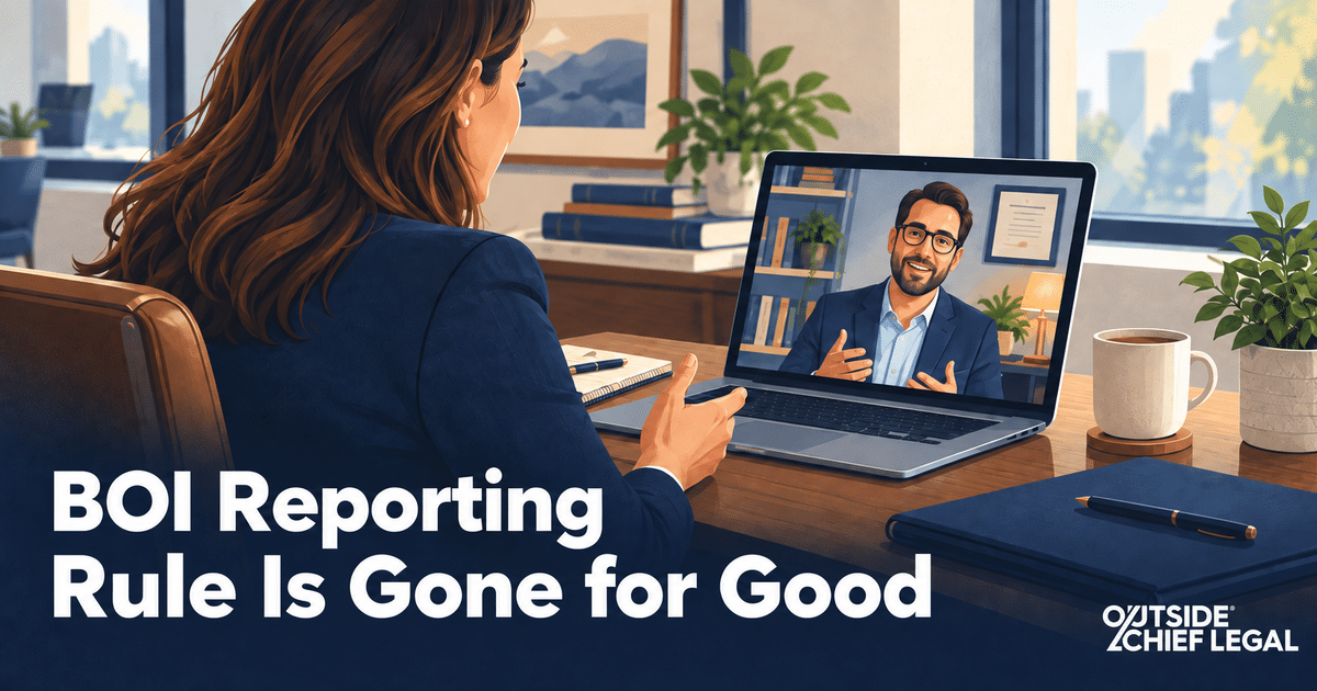 A business owner on a laptop video call discussing BOI reporting changes with their attorney