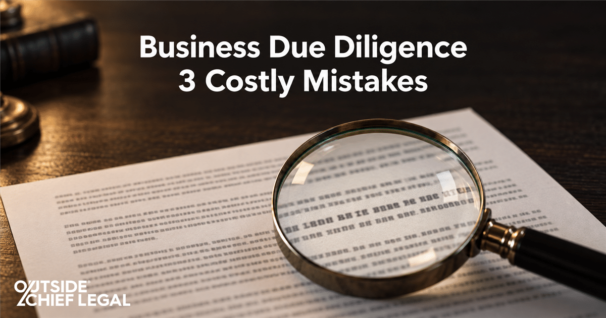 A magnifying glass enlarging one line of a business agreement, representing the closer look that business due diligence gives a buyer.