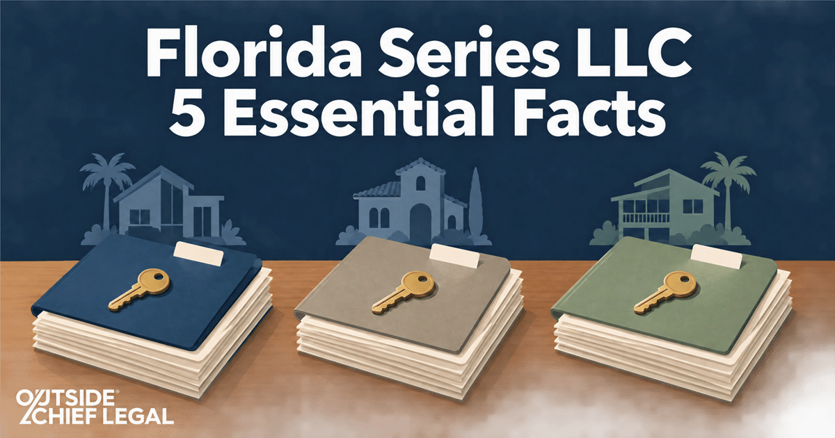 Three separate color-coded stacks of property documents on a desk, representing how a Florida series LLC keeps each series' records apart.