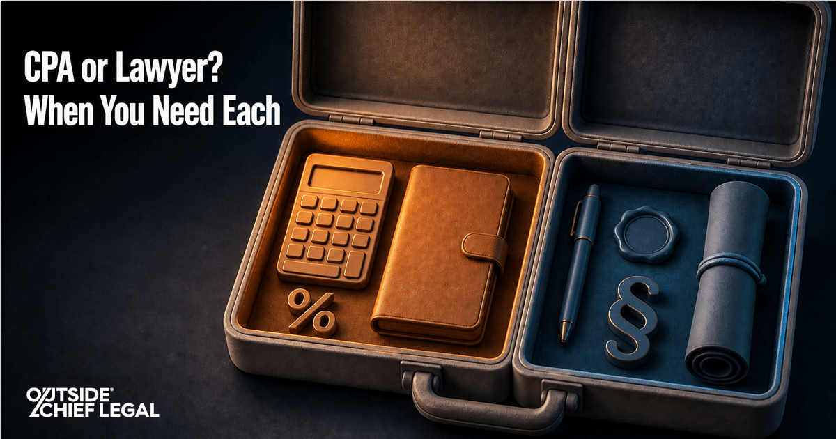 An open case split into accounting tools and legal tools, illustrating the CPA vs lawyer business question for a growing company.