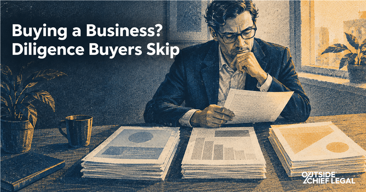 A buyer reviewing three stacks of documents as part of business acquisition due diligence before a deal closes.