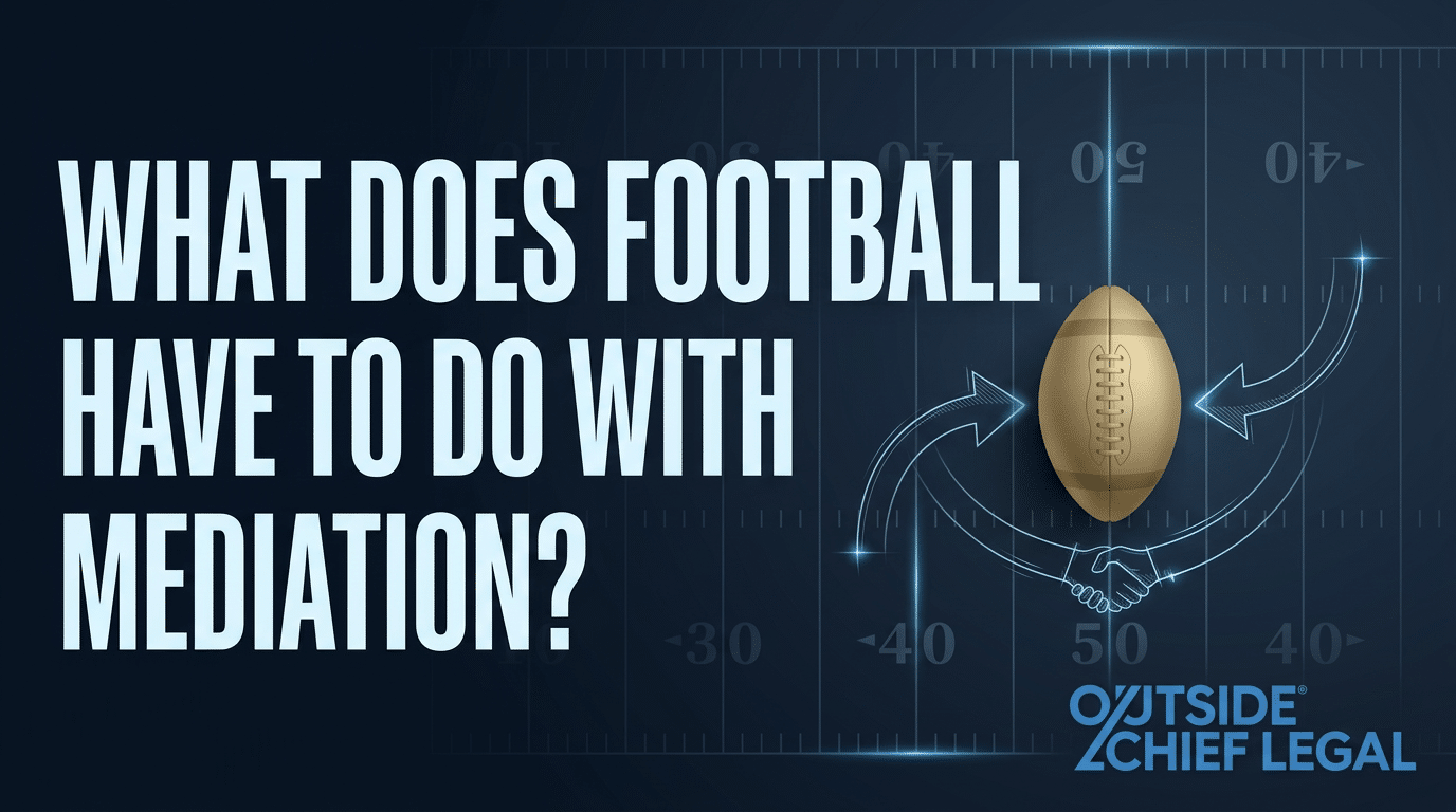 A football on a field between two curved arrows and a line-art handshake, comparing football to mediation.