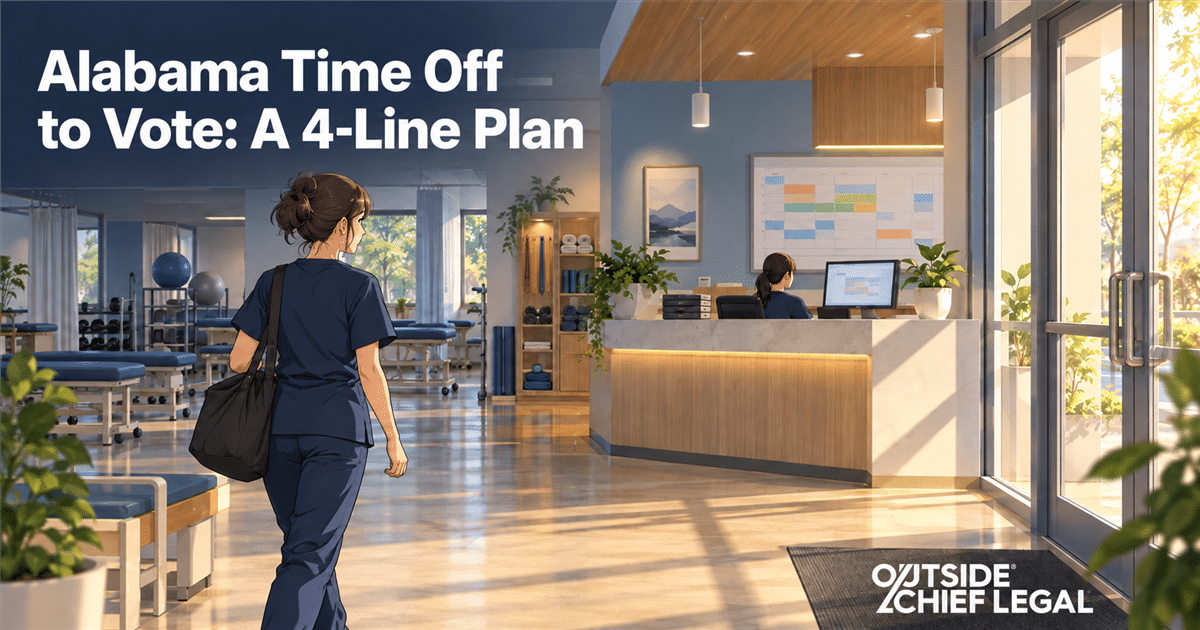 A clinic employee leaving at shift change while a front desk manager stays at the counter, illustrating a request process for Alabama time off to vote.