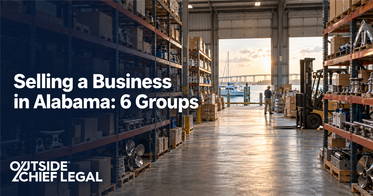 A Gulf Coast marine-parts warehouse with stocked shelving, illustrating a business owner preparing for selling a business in Alabama.