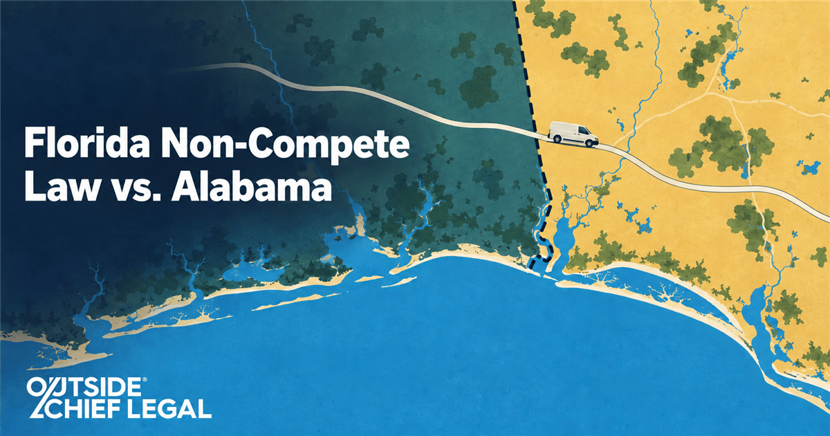 A retro-style map of the Gulf Coast with a road crossing the Alabama-Florida line, illustrating Florida non-compete law for employers with workers in both states.